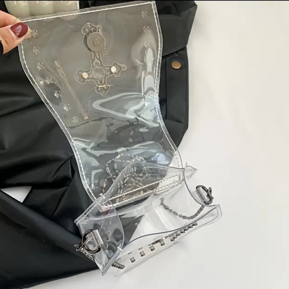 🆕 Gothic Punk Y2K Cross Coffin Design Transparent Shoulder Bag Gunmetal Chain - Picture 4 of 10